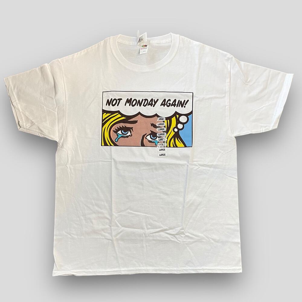 NOT MONDAY AGAIN VIBRANT COLORFUL BOLD RETRO POP ART GRAPHIC SHIRT WHITE LARGE